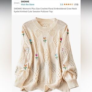 Open knit Cream sweater with embroidered flowers